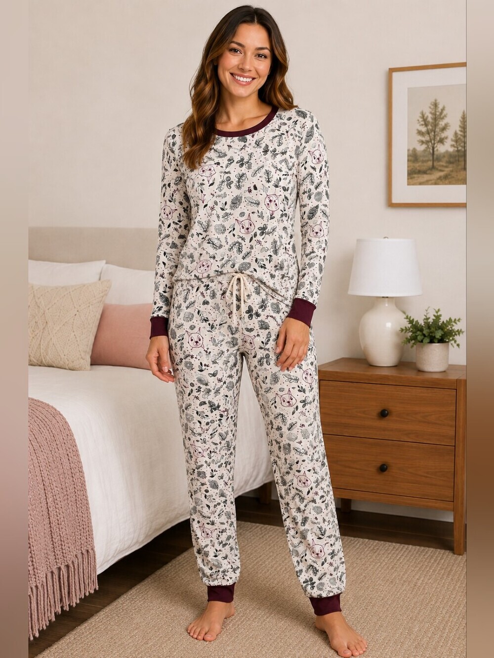 La Vie en Rose Owl Woodland Print Pajama Set XL
